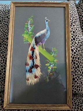 Large Original Vintage Real Bird Feathers Painting! Intricately Hand Layered!